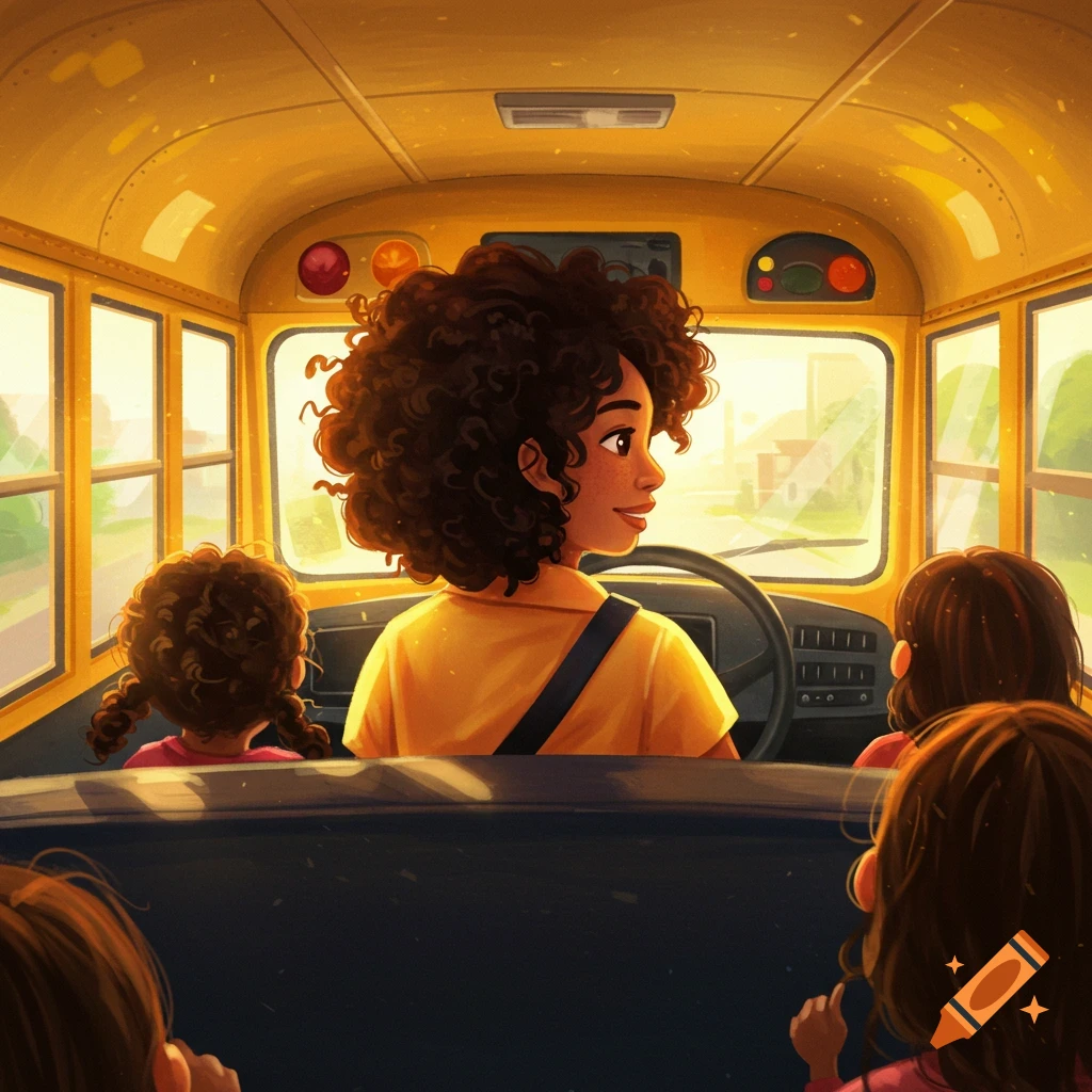 View from inside a school bus over the shoulder of a woman driving, with children passengers.