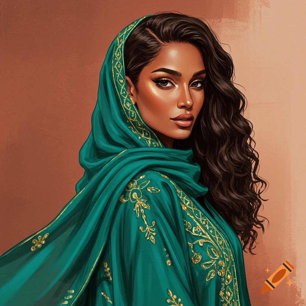 A woman in a green headscarf with gold embroidery