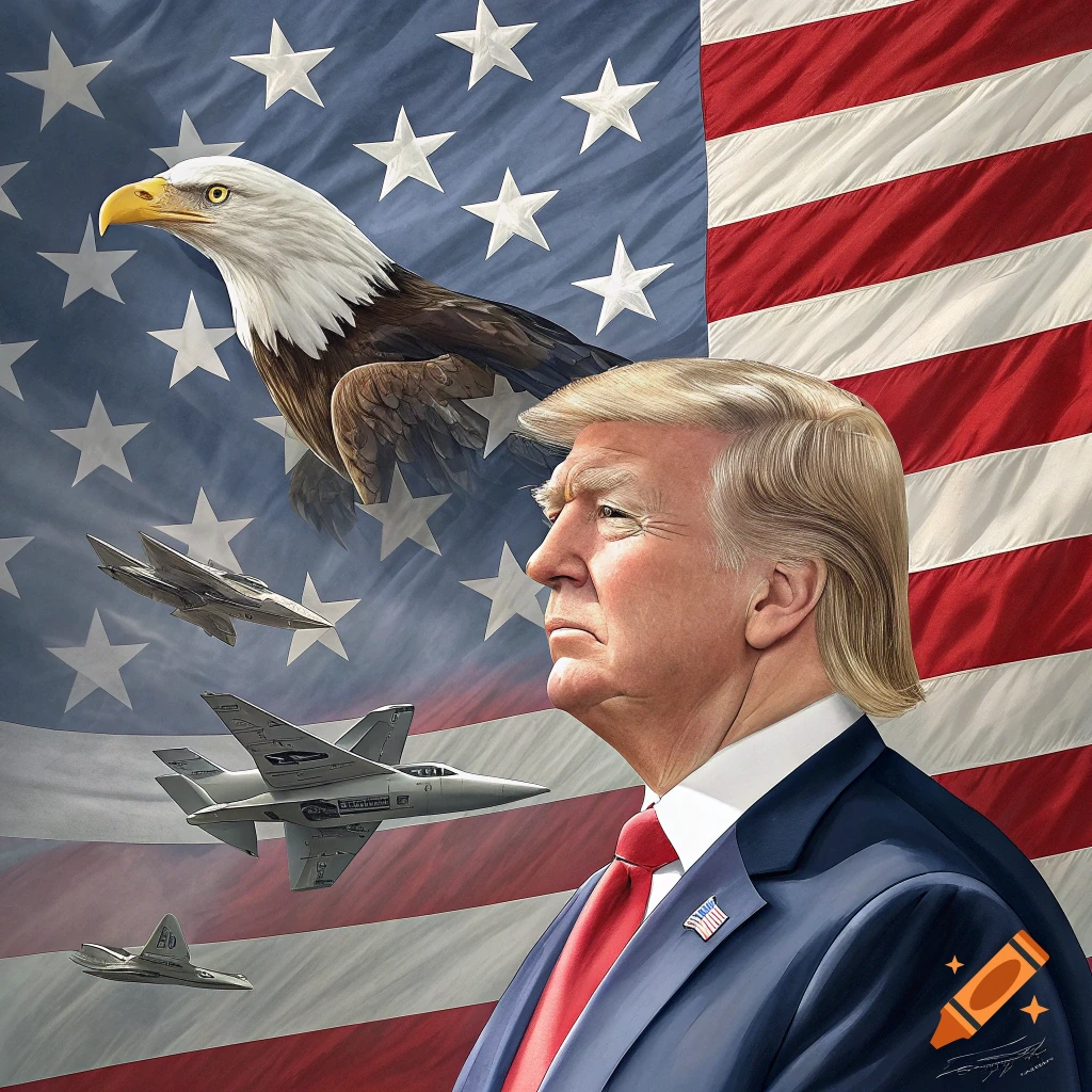 Illustration of Donald Trump, a bald eagle, and fighter jets against an American flag background.