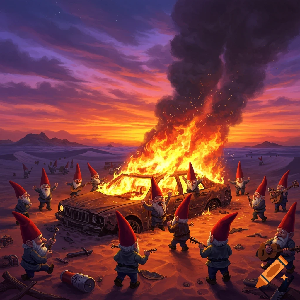 Gnomes are celebrating around a burning car wreck in a desert sunset.
