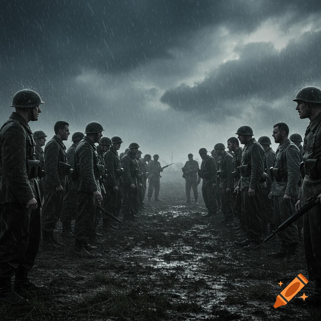 Soldiers facing each other in a muddy field during a heavy rain