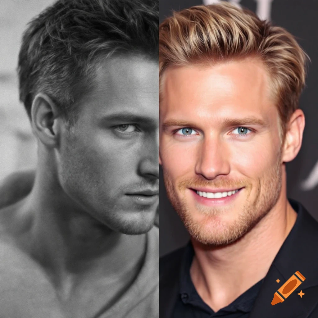 Split portrait of a man's face, left side black and white with dark hair, right side color with blonde hair and blue eyes.