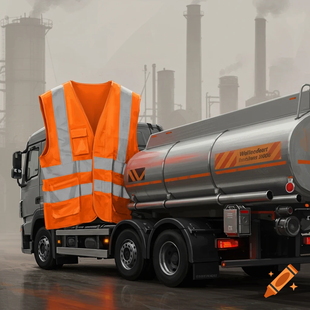 A fuel truck wearing an orange safety vest in front of an industrial plant.