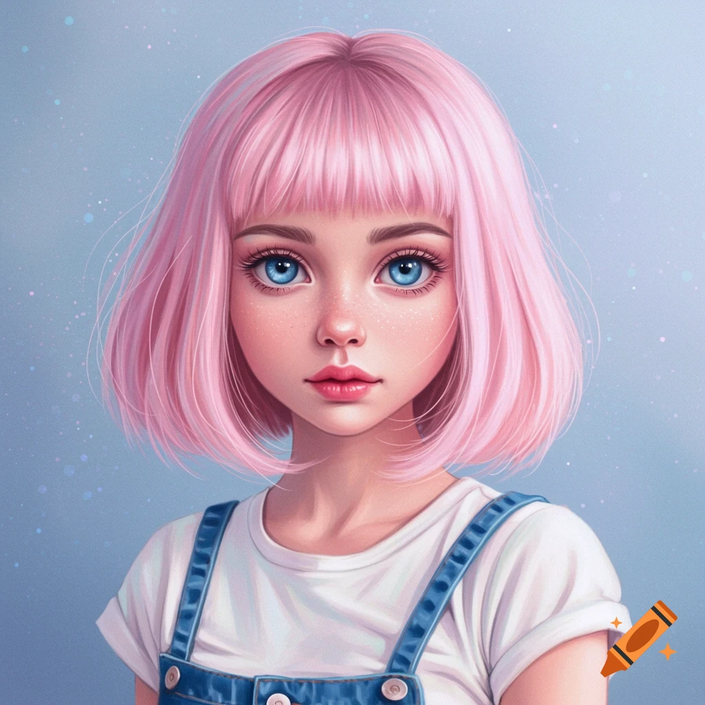 A young girl with pink hair and blue eyes