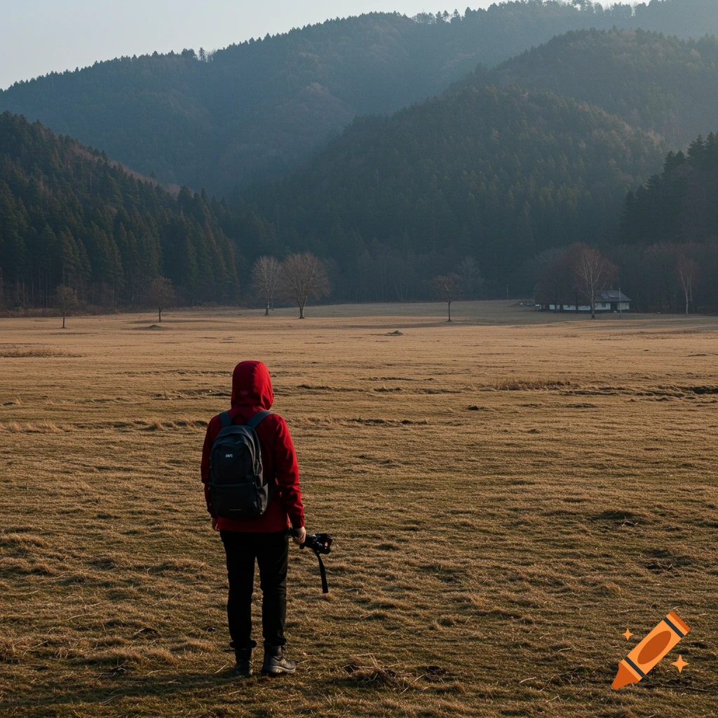Person with a backpack and camera stands in a field looking towards mountains.