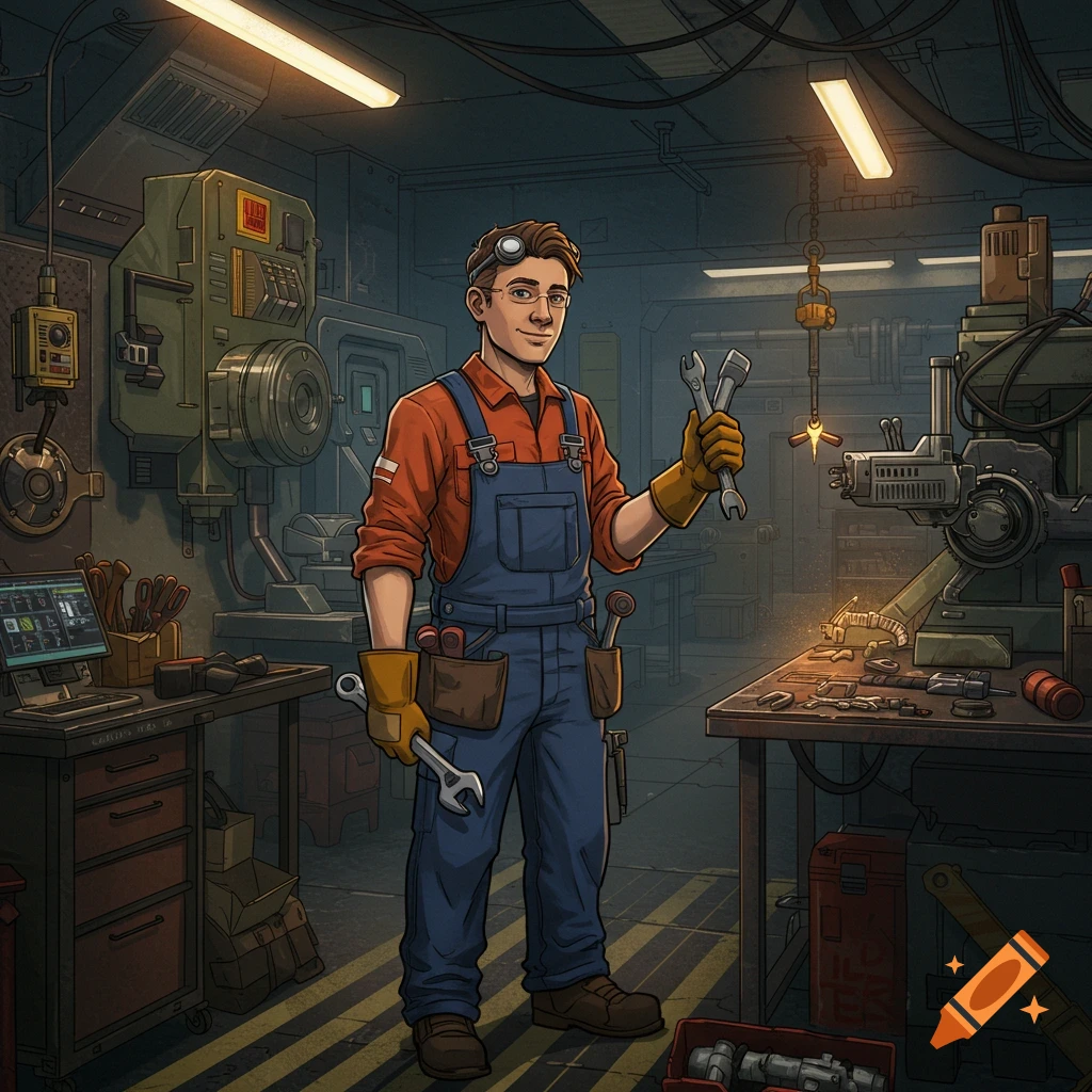 Illustration of a mechanic in overalls holding wrenches in a workshop.