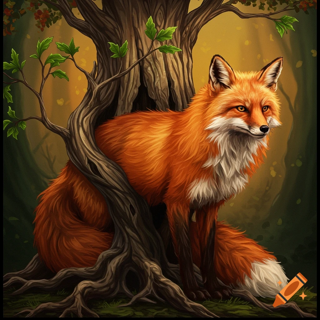 A fox sitting beside a tree in a forest