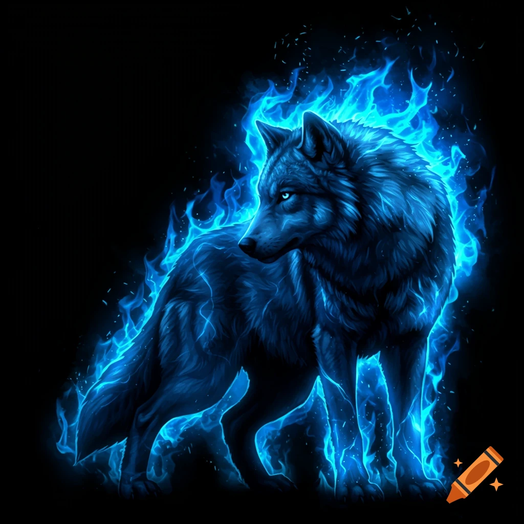 A blue wolf stands with glowing blue flames surrounding it on a black background.