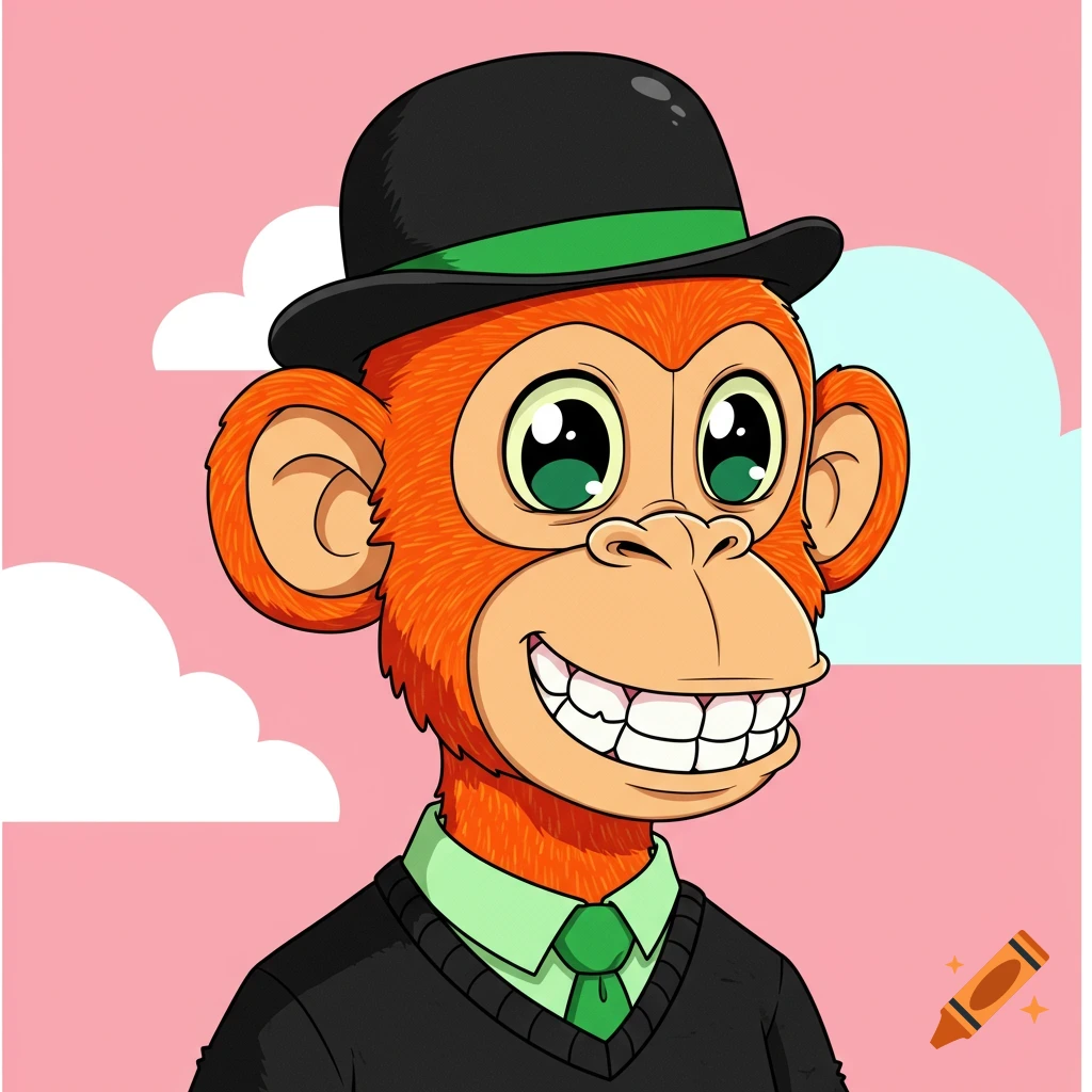 A cartoon monkey wears a black bowler hat, black sweater, and green tie.