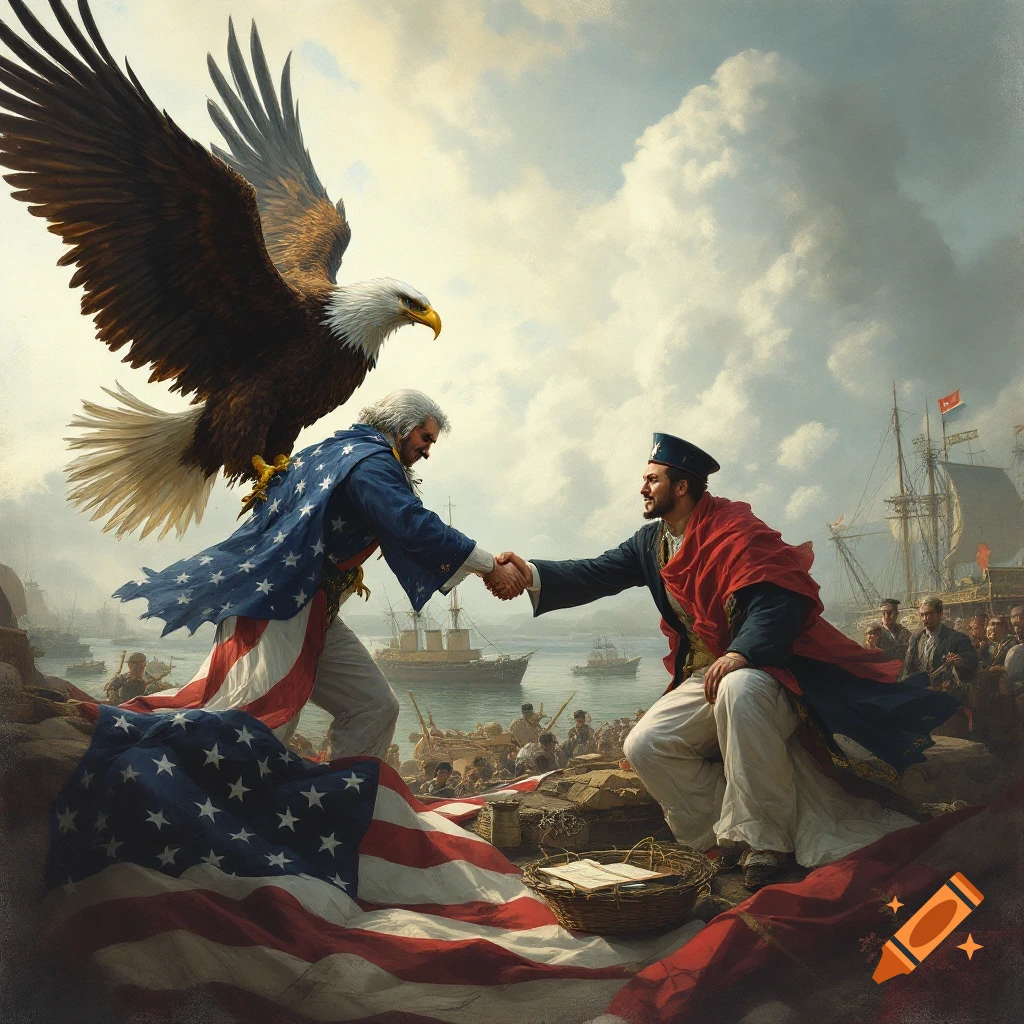 An image of a bald eagle overlooking two men, one in US flag, shaking hands over a draped US flag in a harbor.