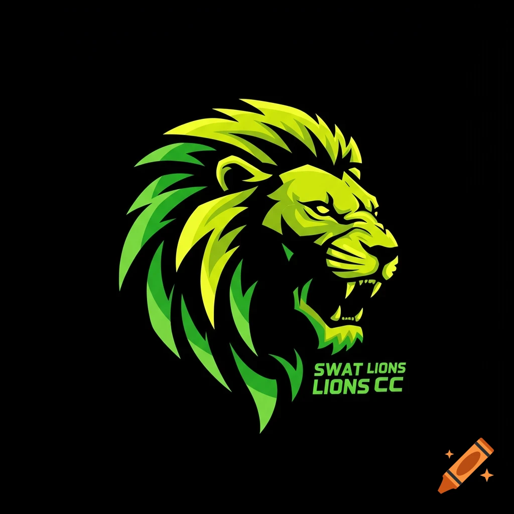 Stylized green and yellow lion logo on black background with text SWAT LIONS LIONS CC