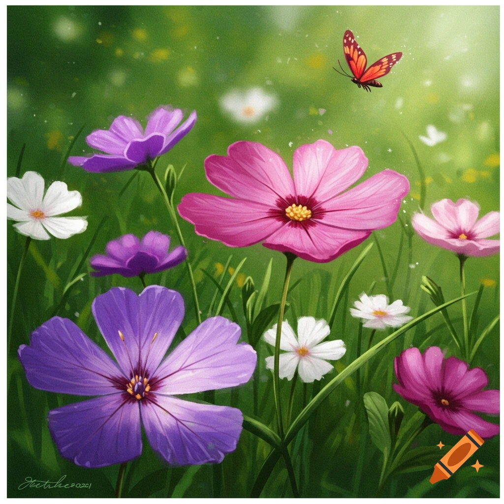 Colorful flowers and a butterfly in a vibrant garden scene.