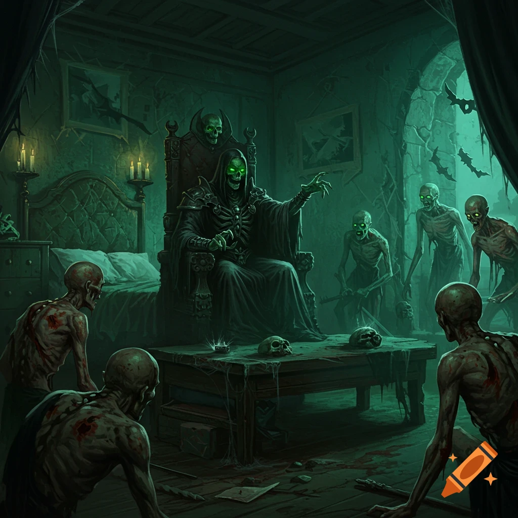 A lich sits on a throne, speaking to zombie underlings in a gloomy room, fantasy horror art style.