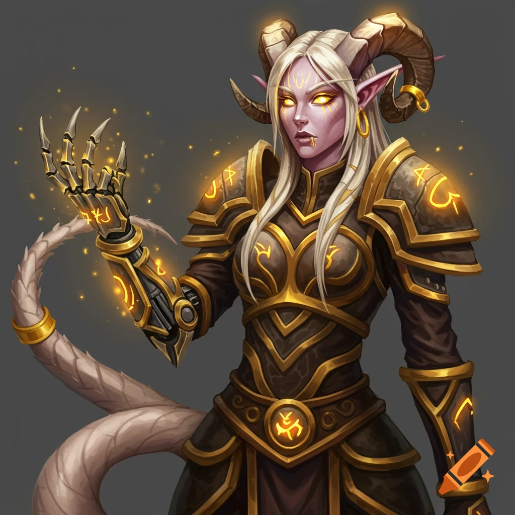 Fantasy character with horns, mechanical arm with glowing runes, and tail.