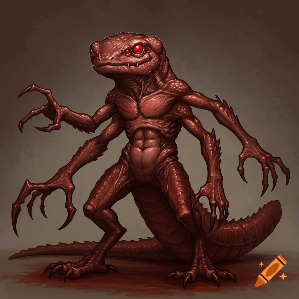 Bipedal, reddish-brown, four-armed creature with multiple red eyes and a tail.