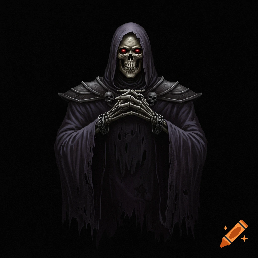 A skeletal figure in a dark hooded robe with glowing red eyes clasps its hands, against a black background. Dark fantasy art.