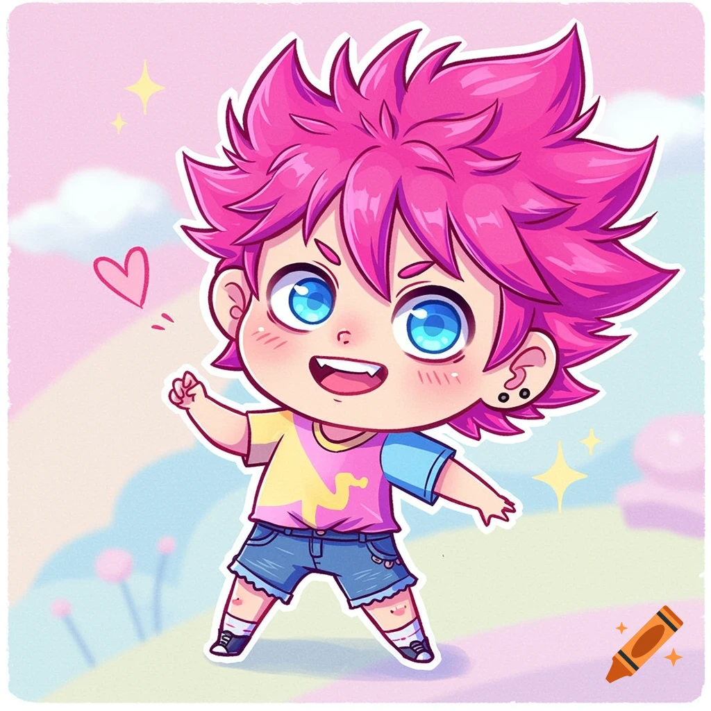 Cute anime boy with pink hair and blue eyes in a colorful pastel setting.