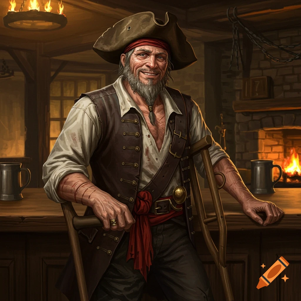 Painting of a smiling pirate with a crutch in an inn.