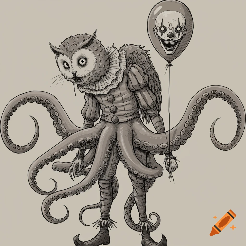 Sketch of a creature with an owl/cat head, clown suit, and octopus tentacles, holding a balloon with a scary face.
