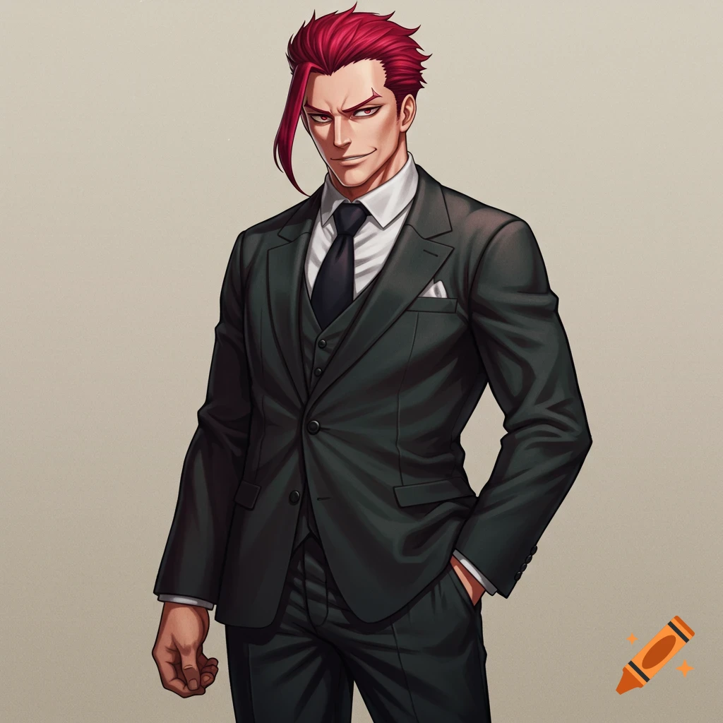 Anime man with red hair in a dark suit