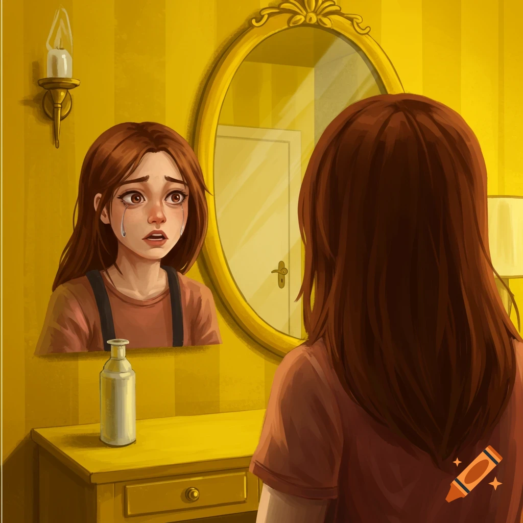 A girl looks into a mirror showing her crying reflection in a yellow room.