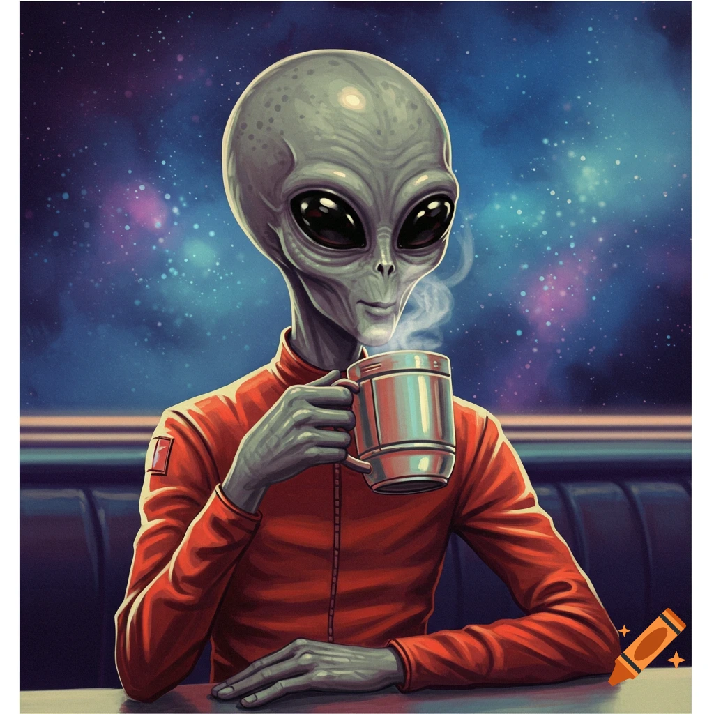 A grey alien in an orange suit is sitting at a table, drinking from a metal mug, with a starry space background.