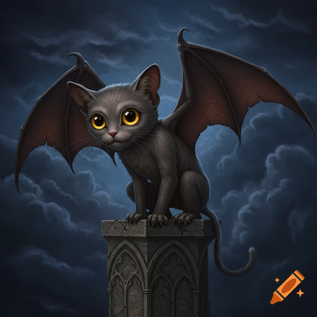 A cat with bat wings sits on a stone pillar under a stormy sky.