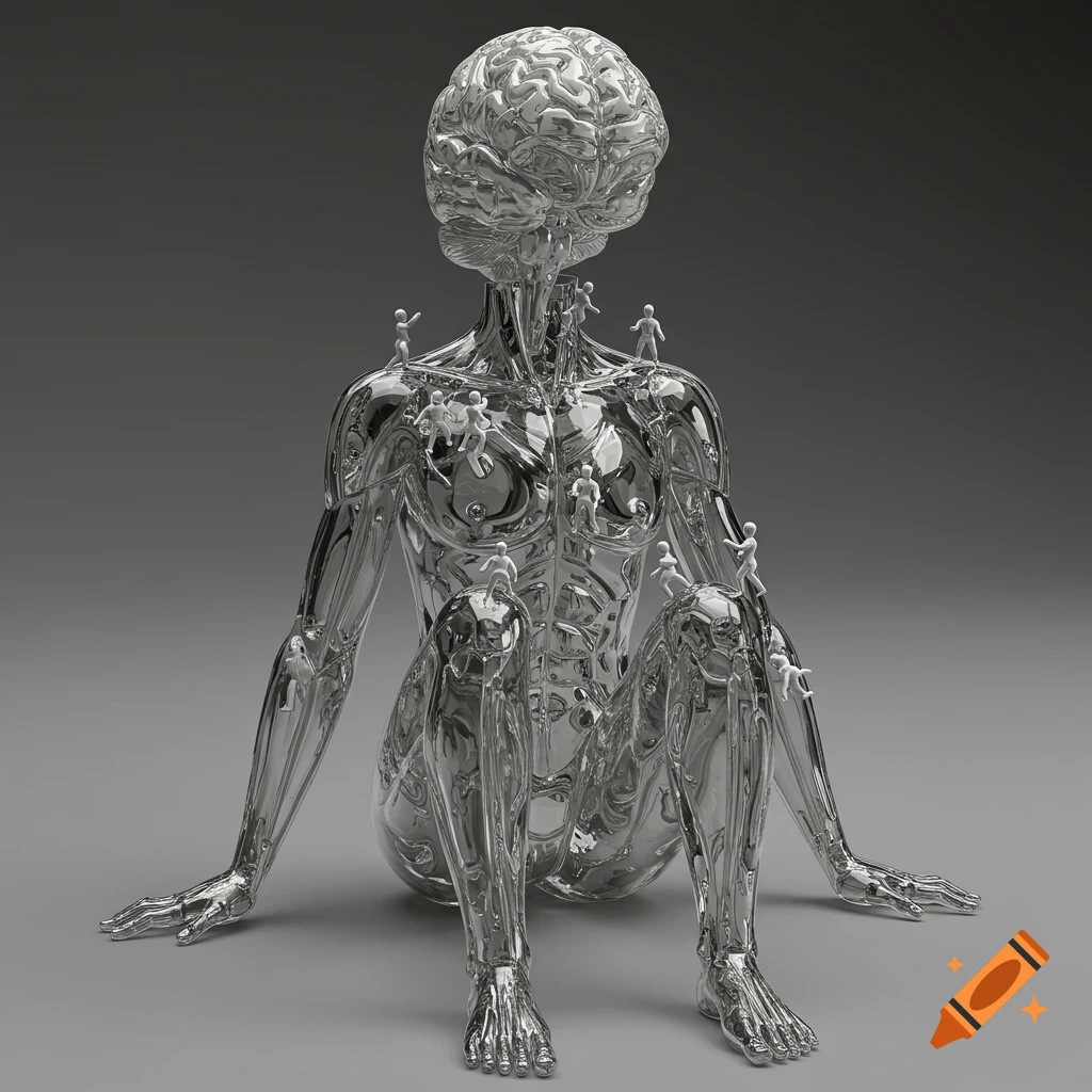 3D render of a metallic human figure with a brain head covered in small figures