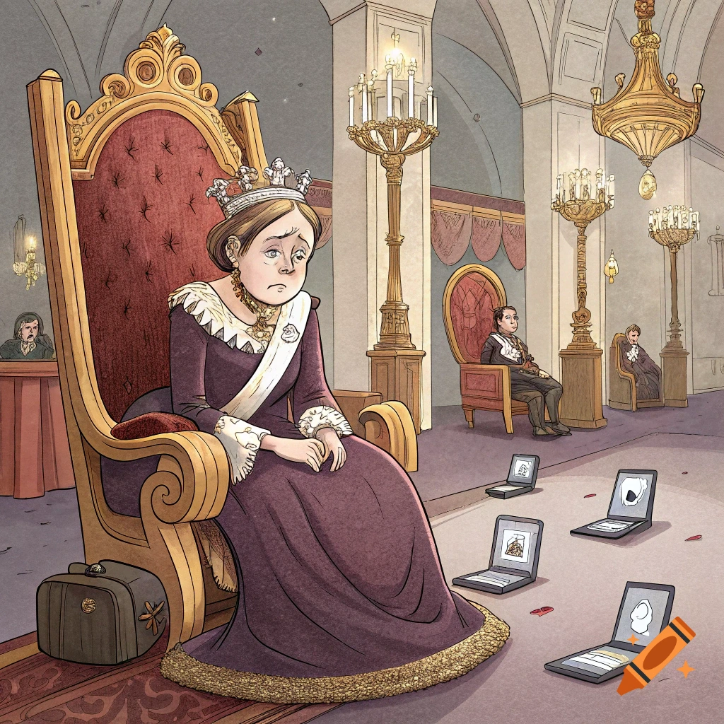 Illustration of a sad Queen Victoria sitting on a throne in a palace room with laptops scattered on the floor.