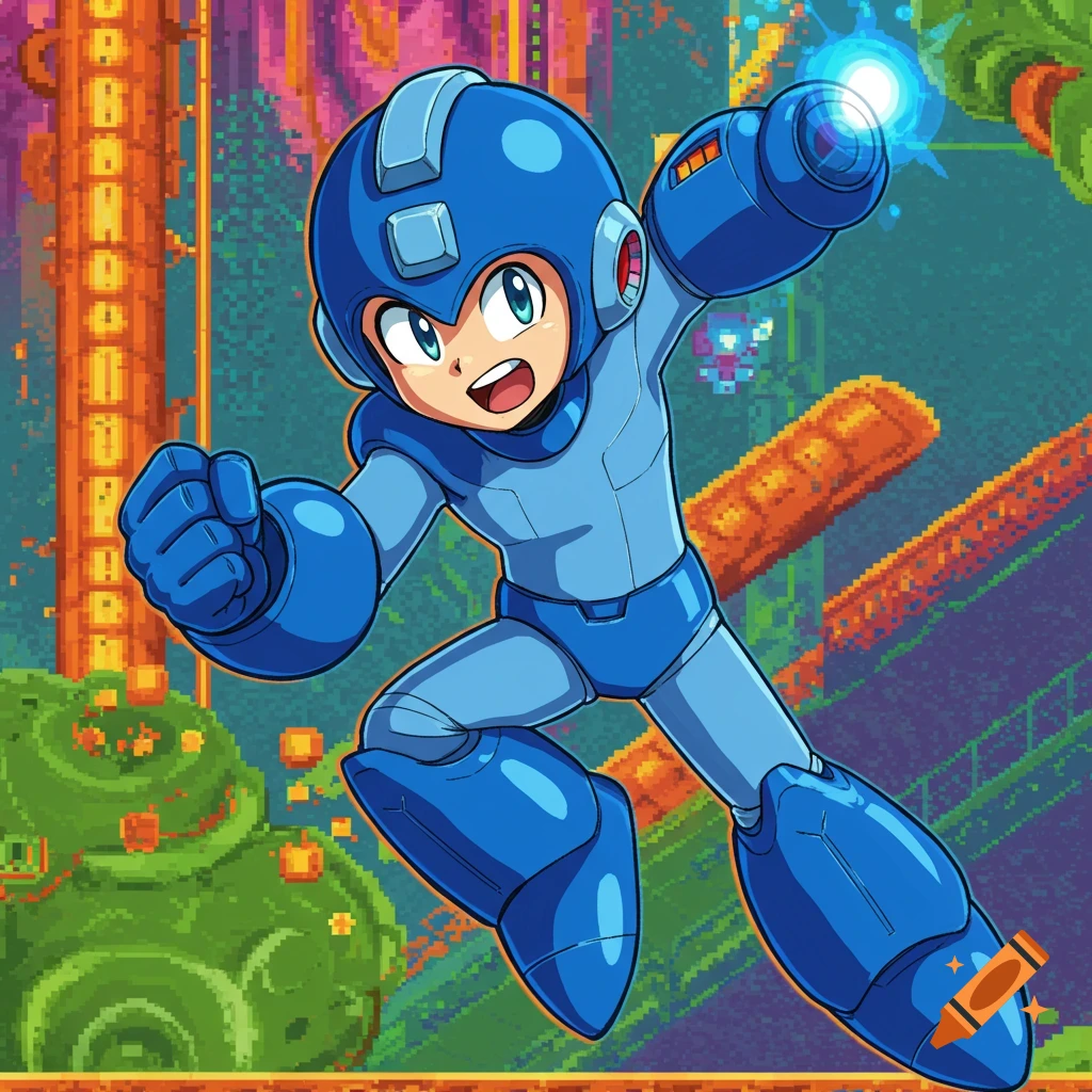 Mega Man poses with an energy blast in his arm cannon against a pixelated video game background.
