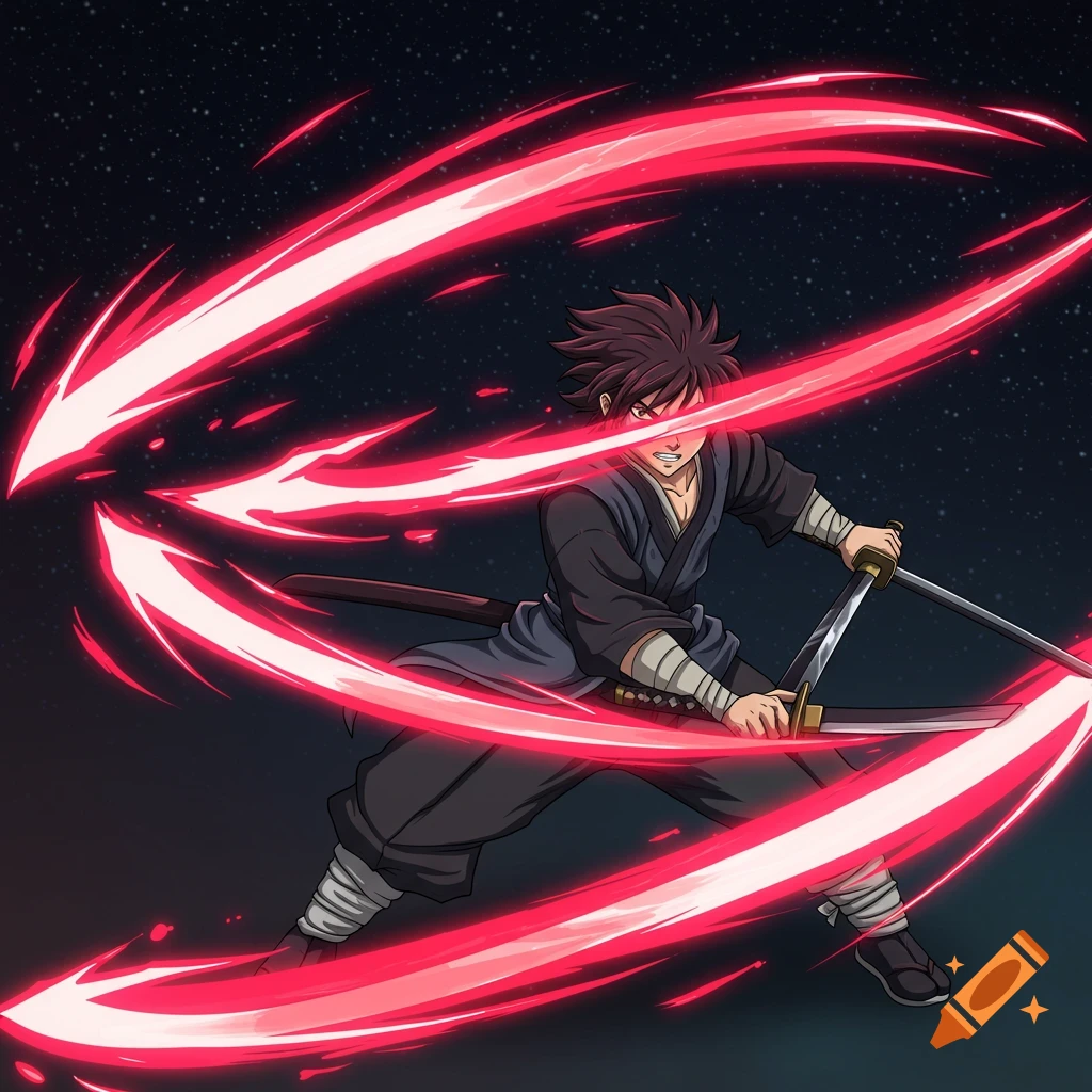 Anime character performing sword slashes with red energy aura