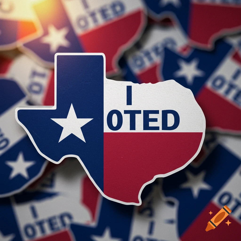 Texas-shaped 'I Voted' stickers with Texas flag design