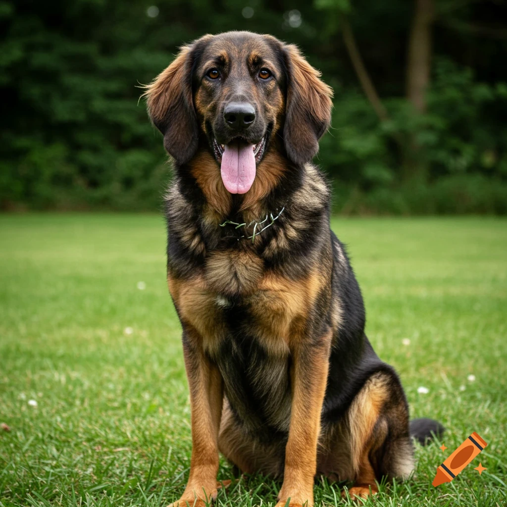 A large dog resembling a German Shepherd mix sits on green grass.