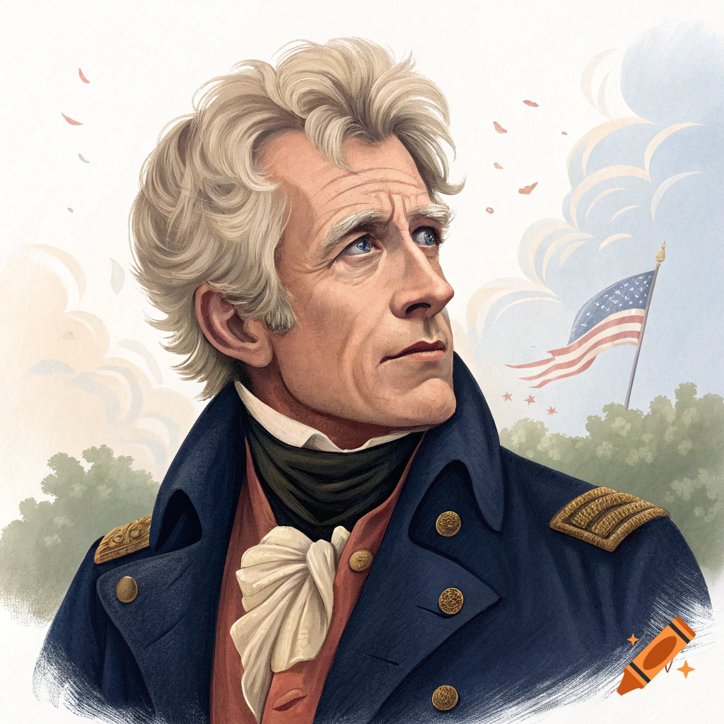 Illustration of Andrew Jackson in military uniform looking up, with an American flag in the background.