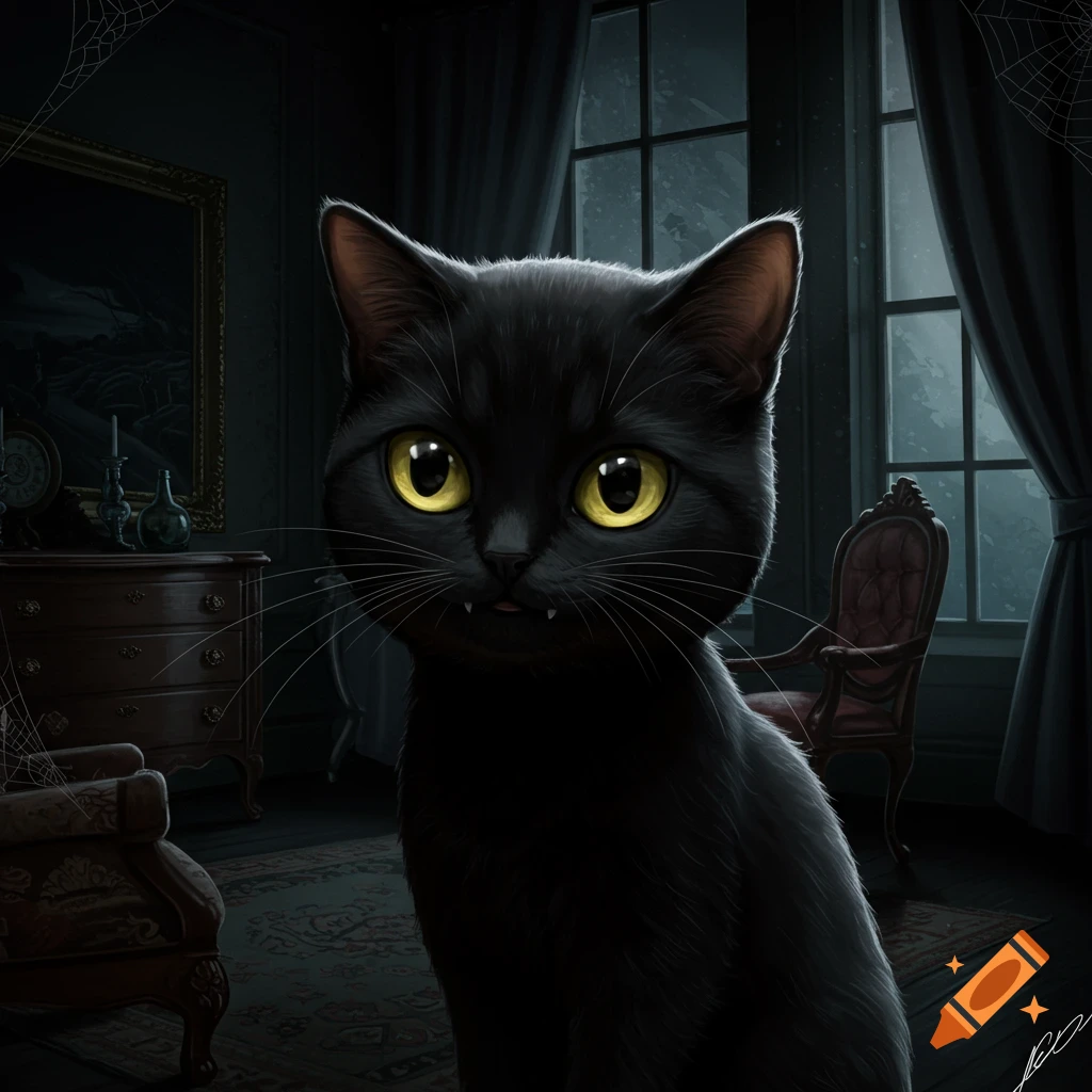 A black cat with yellow eyes sits in a dark gothic room with fangs visible.