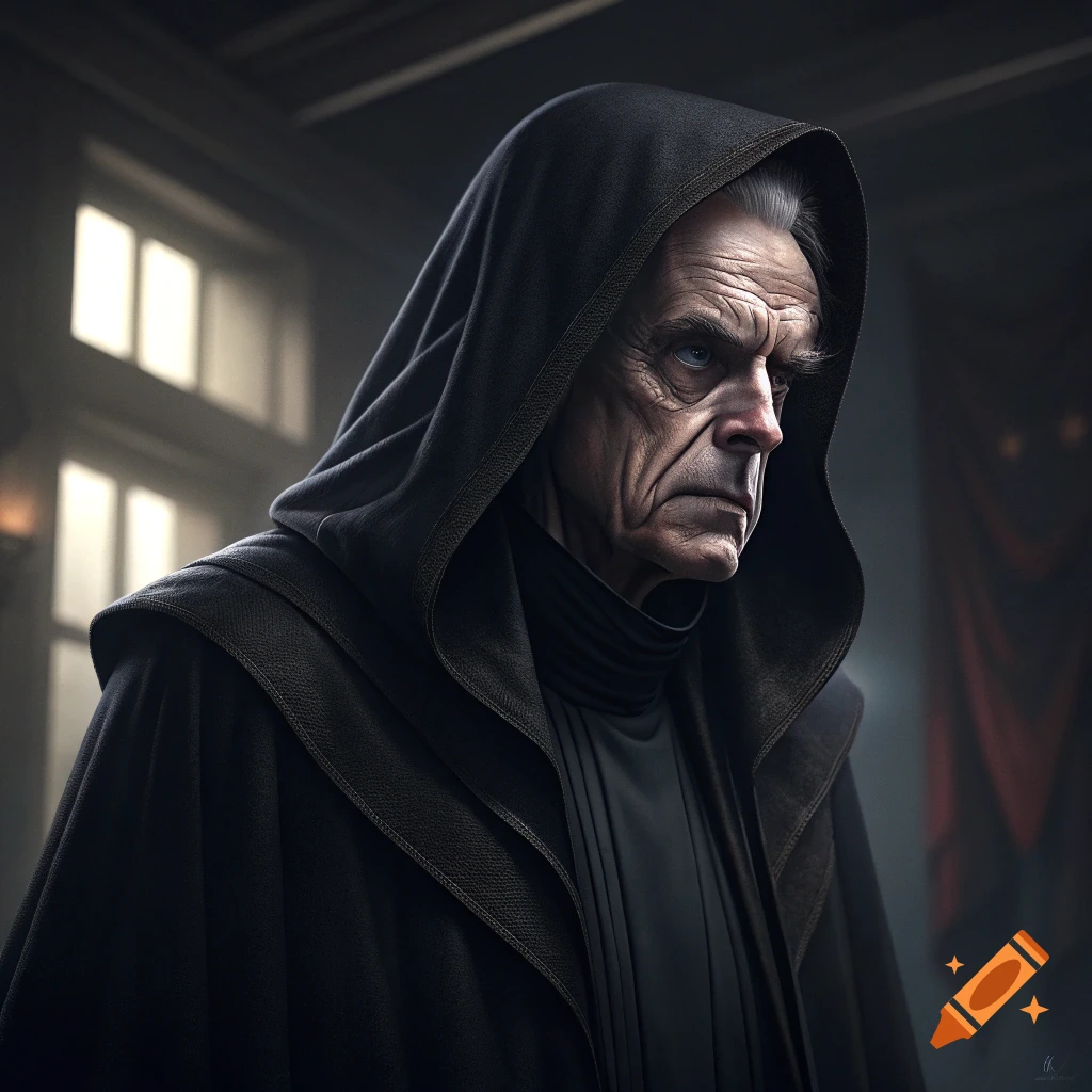 Portrait of an older person in a black hooded robe under dramatic lighting.