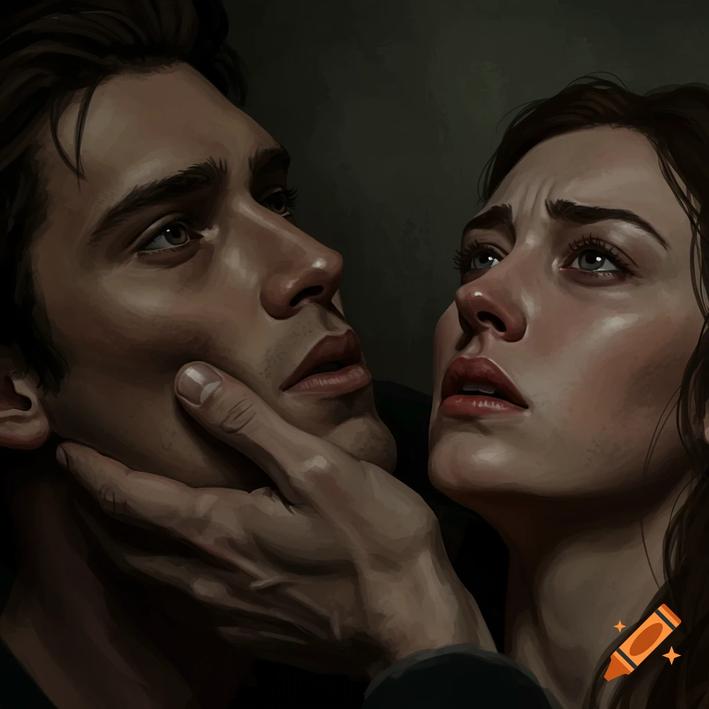 Close-up of a man and woman looking up, a hand holds the man's face.