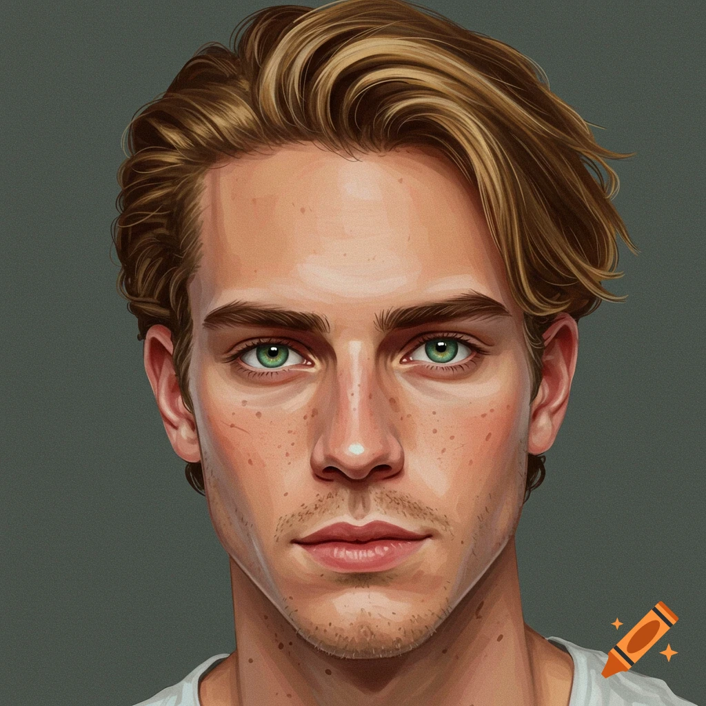 Portrait of a young man with green eyes, freckles, and light brown hair.