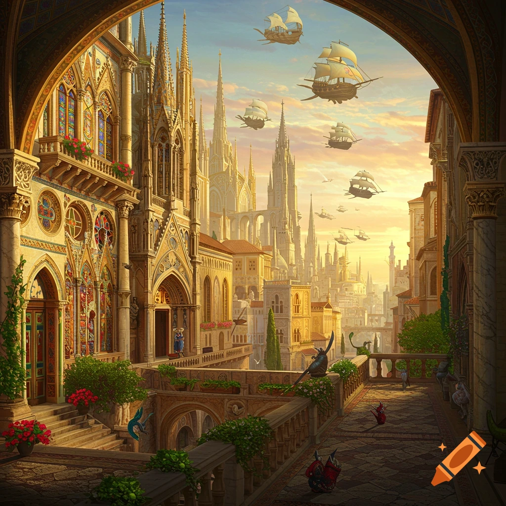 A fantasy city with gothic architecture and flying ships