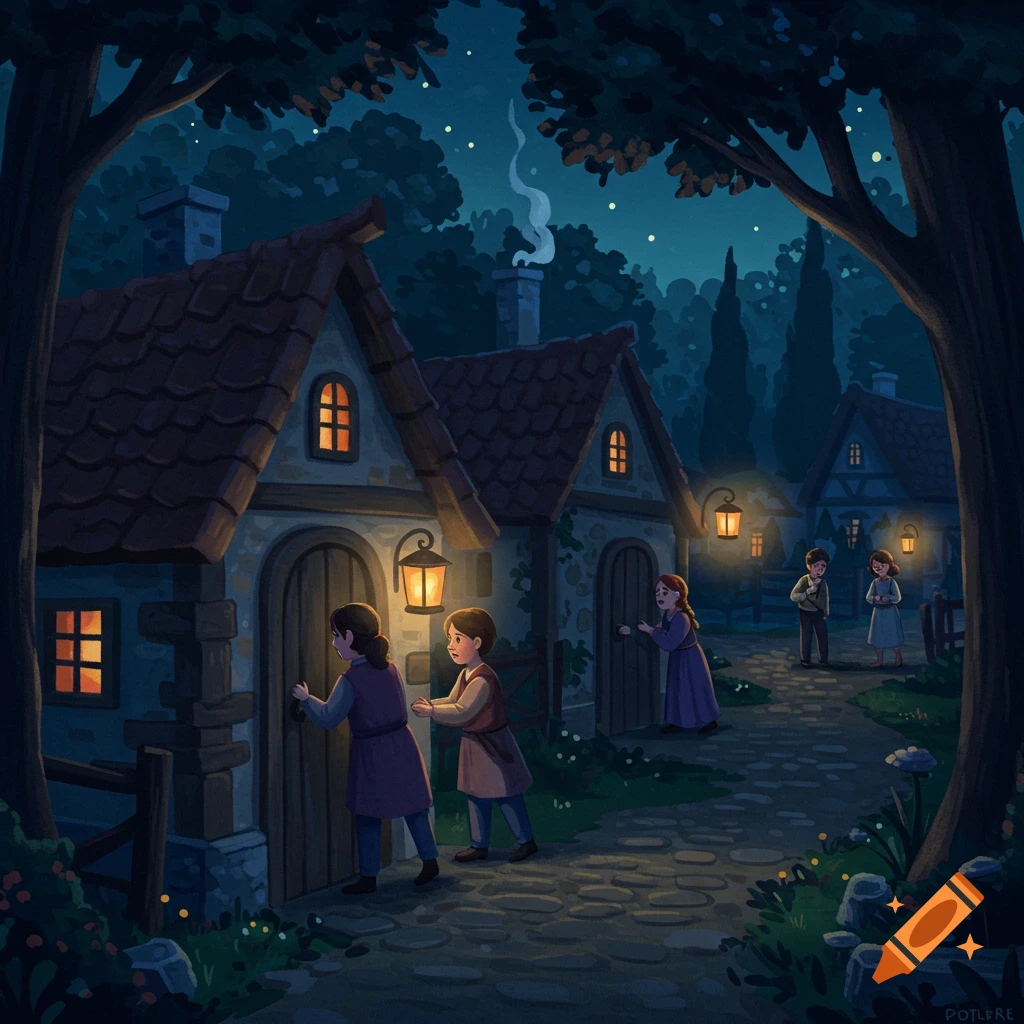 Children and adults entering houses in a village at night, lit by lanterns, in a storybook illustration style.