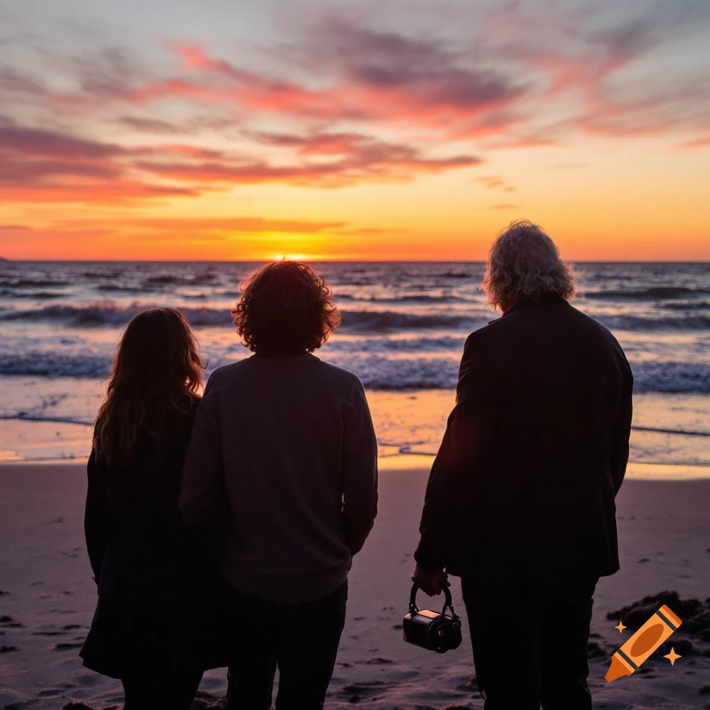 Three people stand on a beach watching a sunset over the ocean.