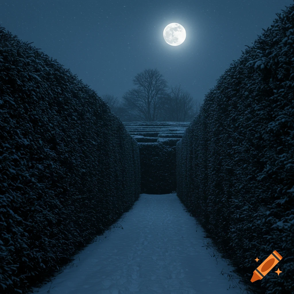Snowy path through a tall hedge maze at night under a full moon.