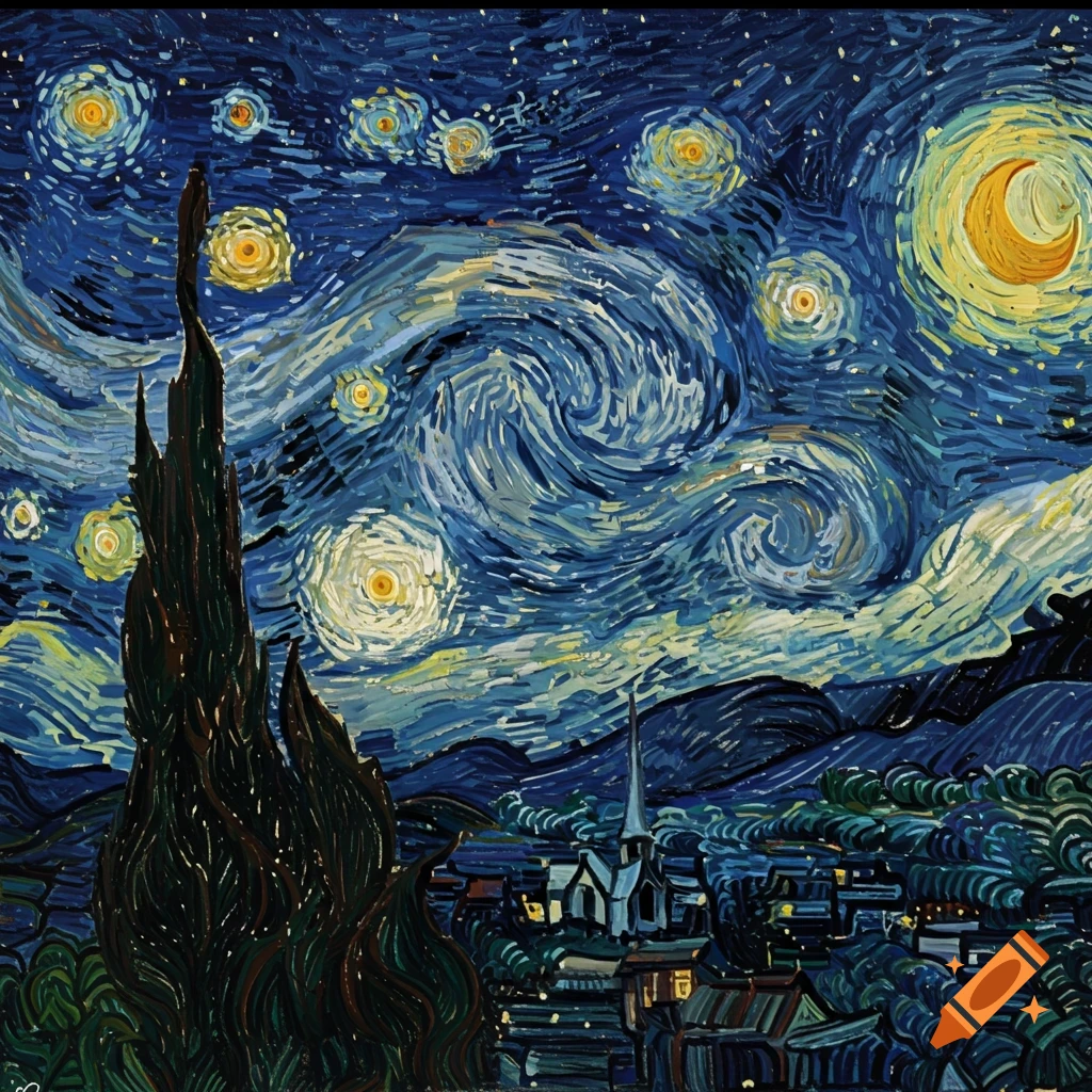 A painting in the style of Van Gogh's Starry Night, with a swirling night sky, bright stars, crescent moon, cypress tree, and village.