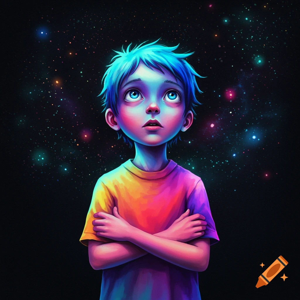 Surrealist image of a young boy with blue hair and colorful shirt looking up at stars, arms crossed.