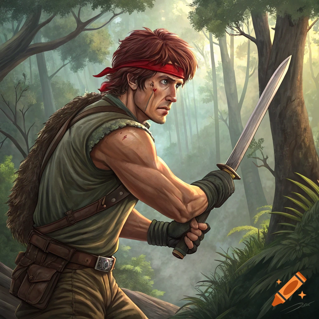 Illustration of a red-headed man with a headband and sword in a forest.