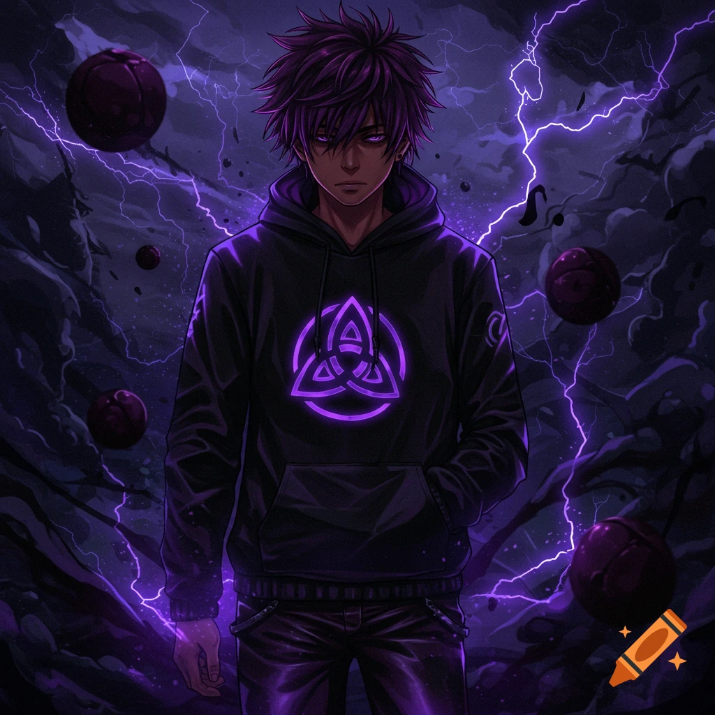 Anime illustration of a man with purple hair in a hoodie with a glowing symbol, surrounded by lightning and purple orbs.