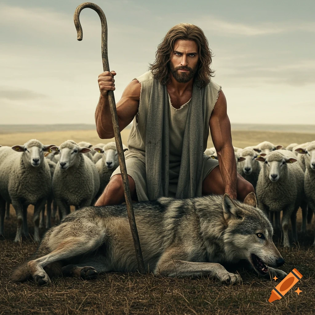 Muscular figure resembling Jesus with a shepherd's crook sitting on a subdued wolf in a field with sheep. Photorealistic style.