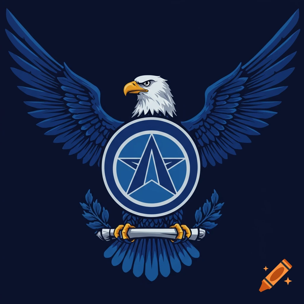 Stylized blue eagle emblem with spread wings and a central circle logo containing a star and an 'A' shape, against a dark background.