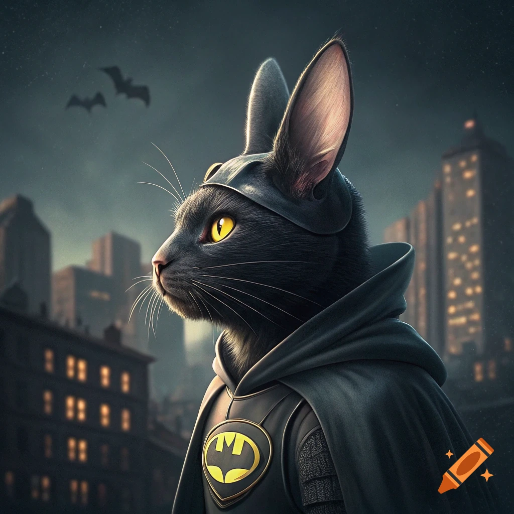 A black cat dressed as Batman with bunny ears and a cape stands in a dark cityscape at night.
