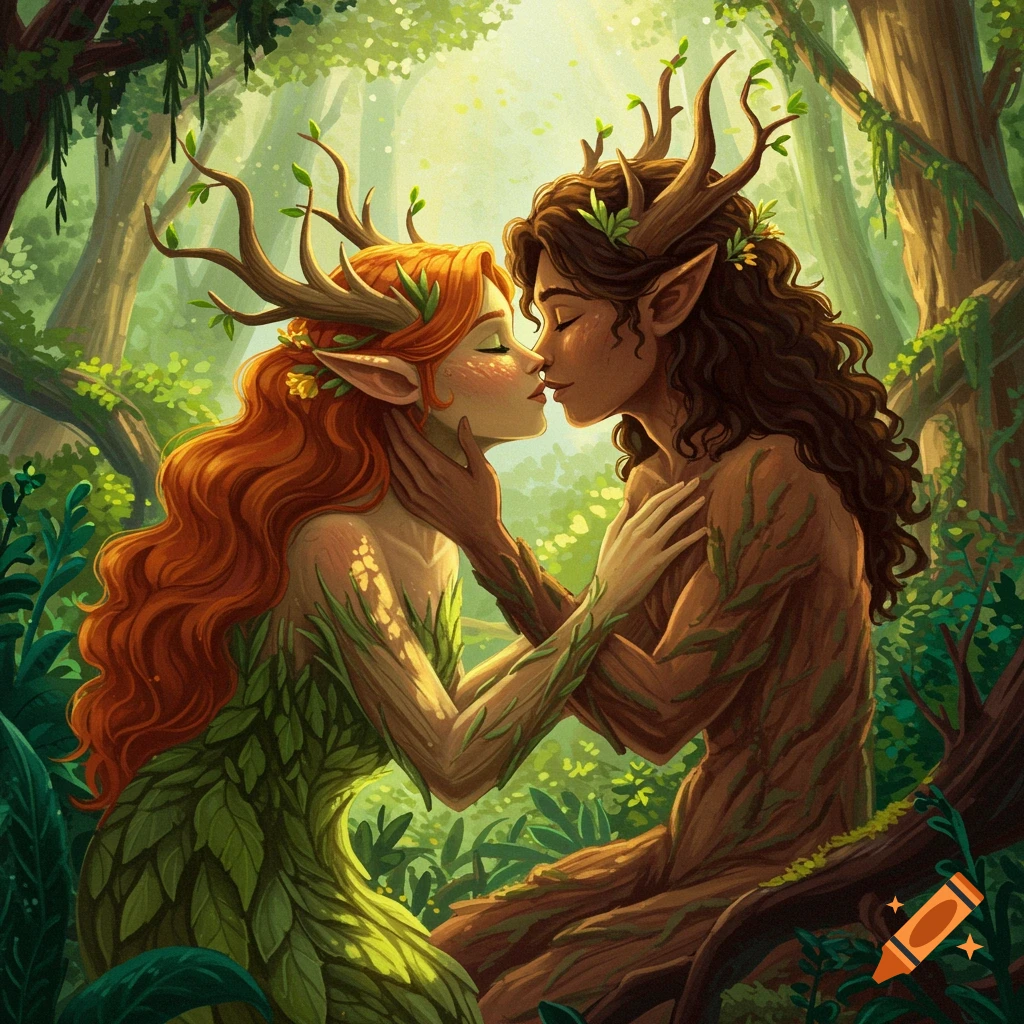 Two dryads with leaves and bark skin kissing in a lush forest.